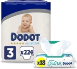 Dodot Pañales Bebé Sensitive Talla 3 (6-10 kg), 224 Pañales + Toallitas Aqua Pure, 99% Agua, 18 Paquetes (18×48), Máxima Protección de la Piel de Dodot