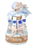 Mababyshop, Tarta Pañales Pingo Mis Primeros Cuidados talla 2, Colonia, Gel 200, Hidra Bebé 300, Toallitas, Crema Pañal 50 ml y Dou Dou PERSONALIZADO (Azul)