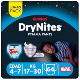 Huggies DryNites Pañales para niño 4-7 (17-30 kg), Clínicamente probado con 5 capas de protección nocturna, 4 packs de 16, Total 64 pañales desechables de noche