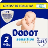 Dodot Pañales Bebé Sensitive Talla 2 (4-8 kg), 198 Pañales + 1 Pack de Toallitas Gratis Cuidado Total Aqua
